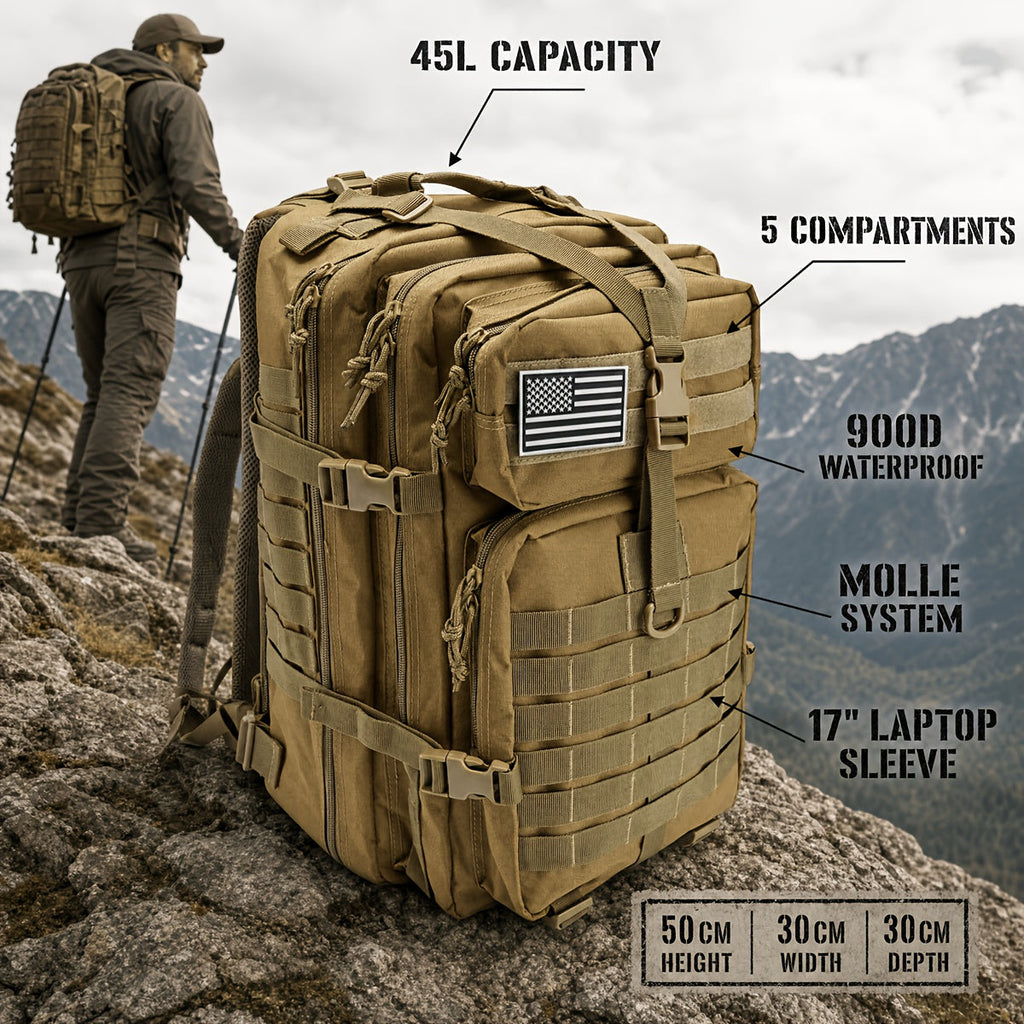 Tactical Hiking Backpack 45L 3-Day Rucksack – Multifunctional Camping, Trekking, and Hunting Shoulder Bag with Zip Closure, Durable Sports Pack for Men and Women, Black, Green, Khaki