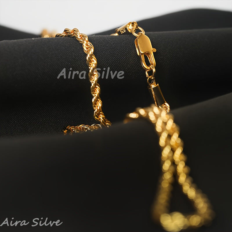 925 Sterling Silver 18K Gold Plated Rope Chain Necklace, 2.8mm Braided Cut Chain for Men and Women, Unisex Minimalist Necklace, Sizes 18 to 34 Inches, with Gift Box, Anniversary, Birthday, Holiday Gift