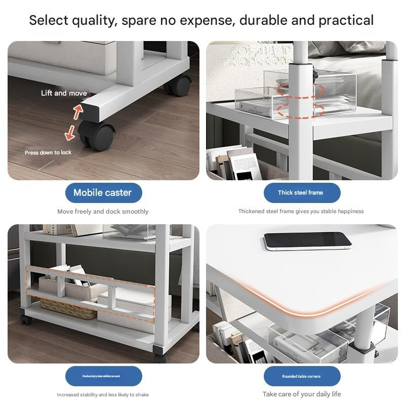 Rolling Bedside Desk, Height Adjustable 23-35 Inches, with Storage Shelf and Omnidirectional Wheels, for Home, Bedroom, Office Laptop Table