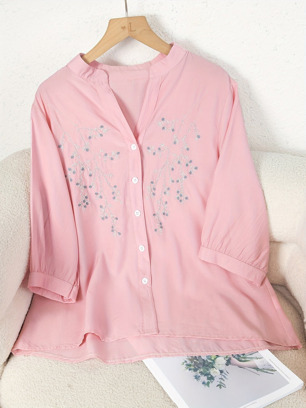 Women's Floral Embroidered Long-Sleeve Button-Down Blouse - Elegant White Stand-Collar Casual Shirt, Delicate Floral Print Summer Top S-XXL