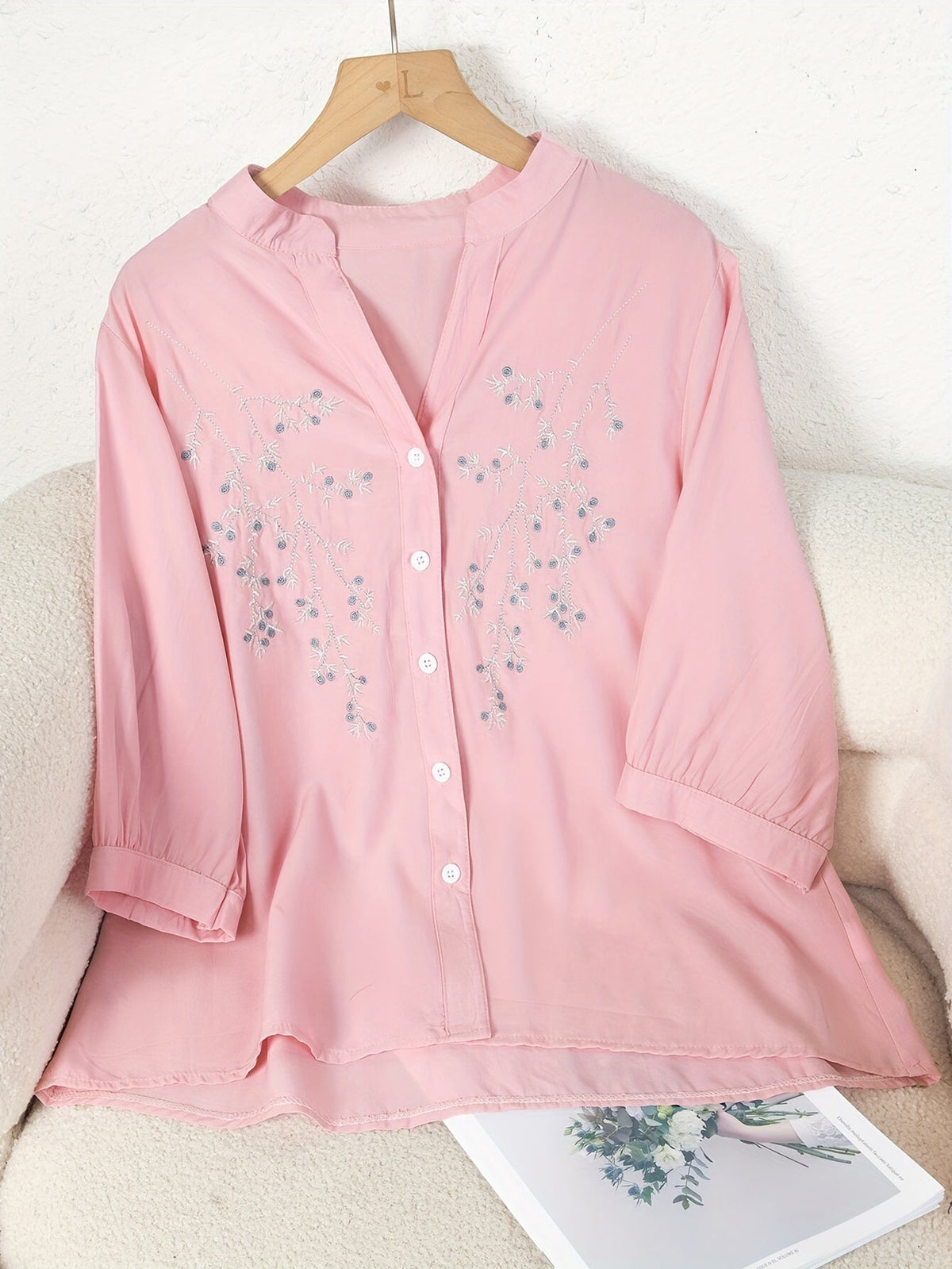 Women's Floral Embroidered Long-Sleeve Button-Down Blouse - Elegant White Stand-Collar Casual Shirt, Delicate Floral Print Summer Top S-XXL