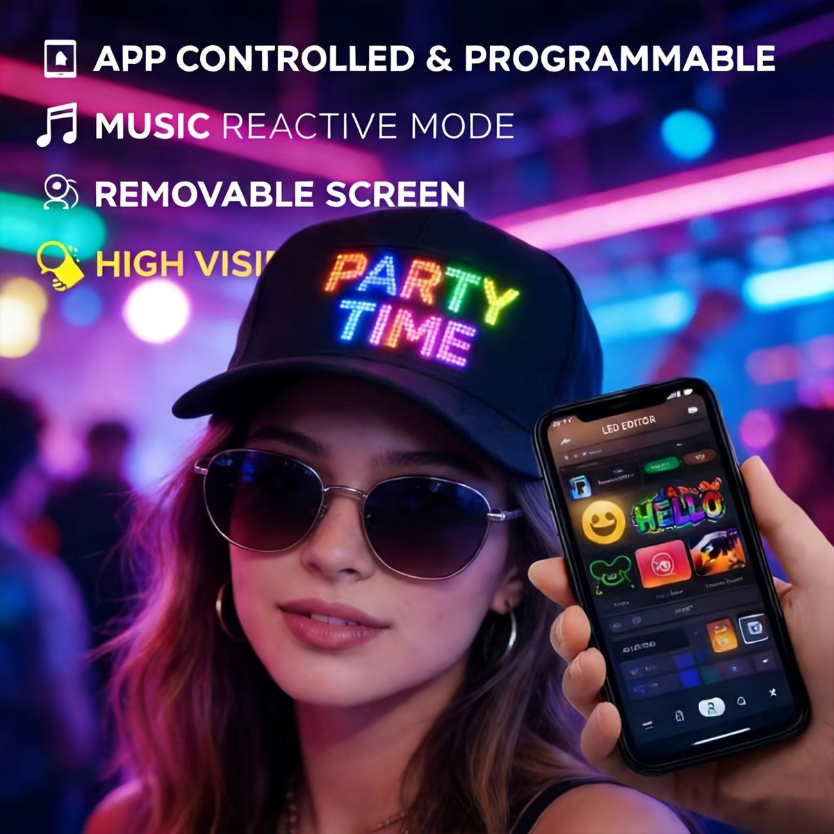 Programmable LED Light-Up Baseball Cap – Bluetooth App Scrolling Text & Animation, Rechargeable Flashing Hat for Parties, Music Festivals, and Night Runs, Adjustable Gift for Teens