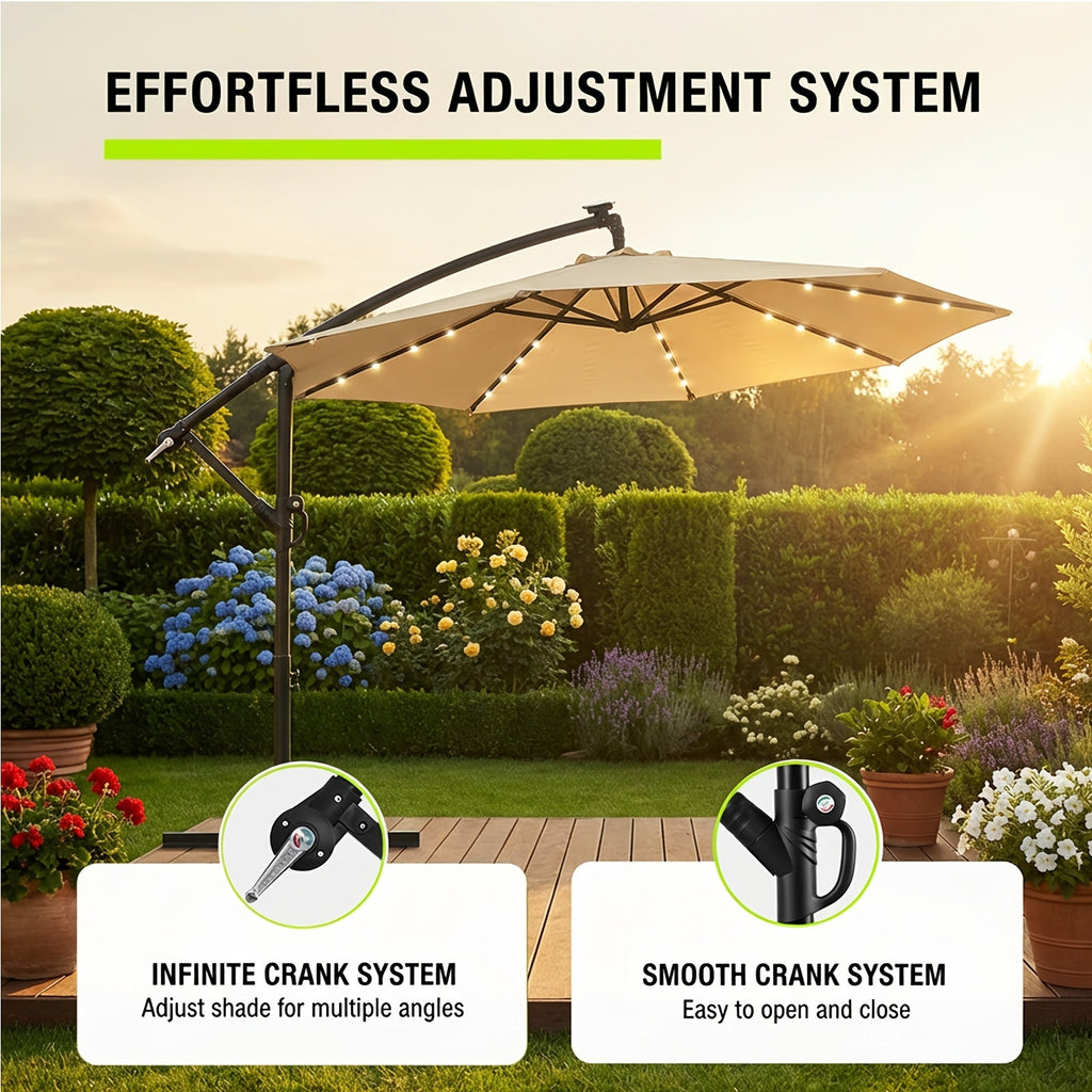 10ft Solar LED Offset Cantilever Patio Umbrella, UPF50+ UV Protection, Easy Tilt & Crank, Heavy-Duty Outdoor Market Umbrella, Sun Shade for Garden Deck Backyard Pool (Base Not Included)