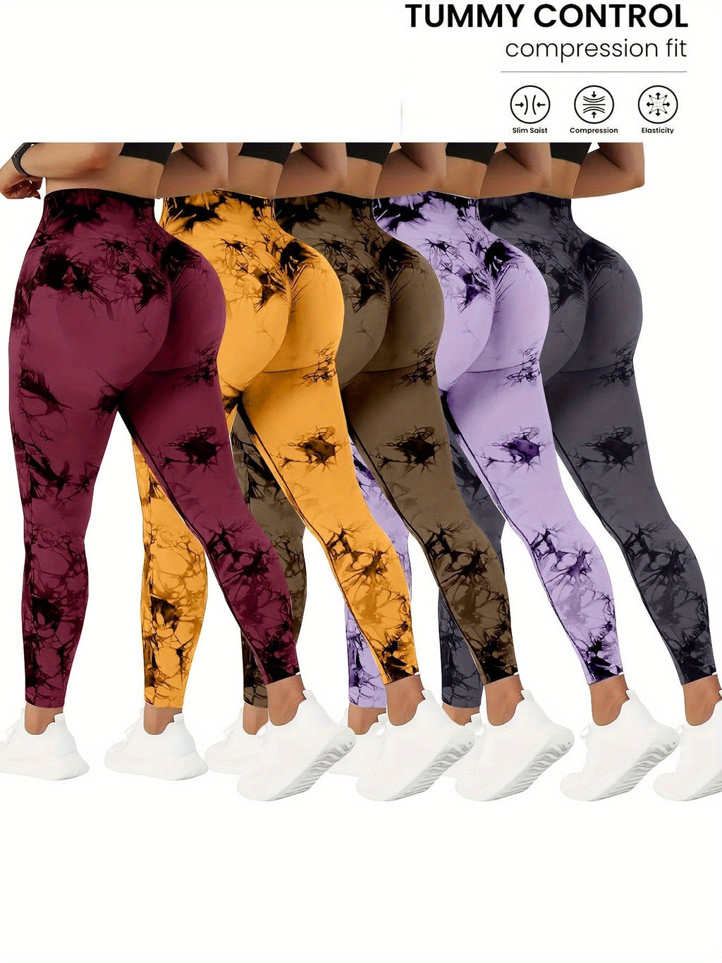 5-Pack Women's High-Waisted Yoga Pants with Tummy Control, Tie-Dye Stretchy Fitness Leggings, Peach Lift Running Tights, All-Season Activewear in Various Colors