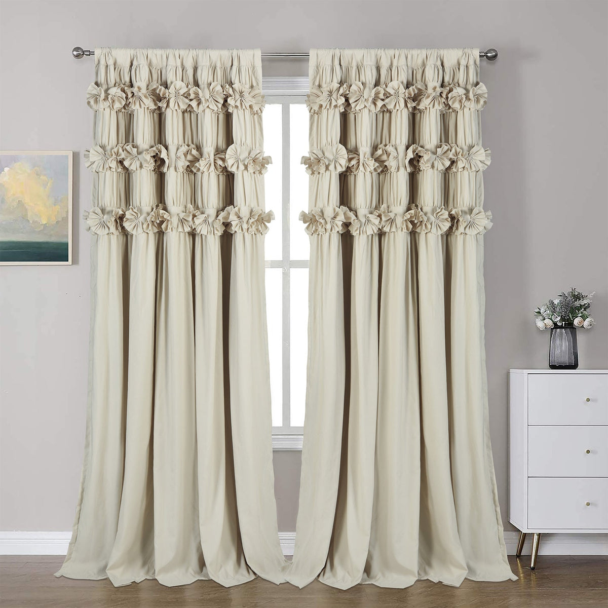 2-Panel 54"x84" Thermal Blackout Curtains – Hand-Ruffled Butterfly Garden Design Room Darkening Energy Saving for Bedroom & Living Room in Peach Pink White Camel Dusty Blue & Black