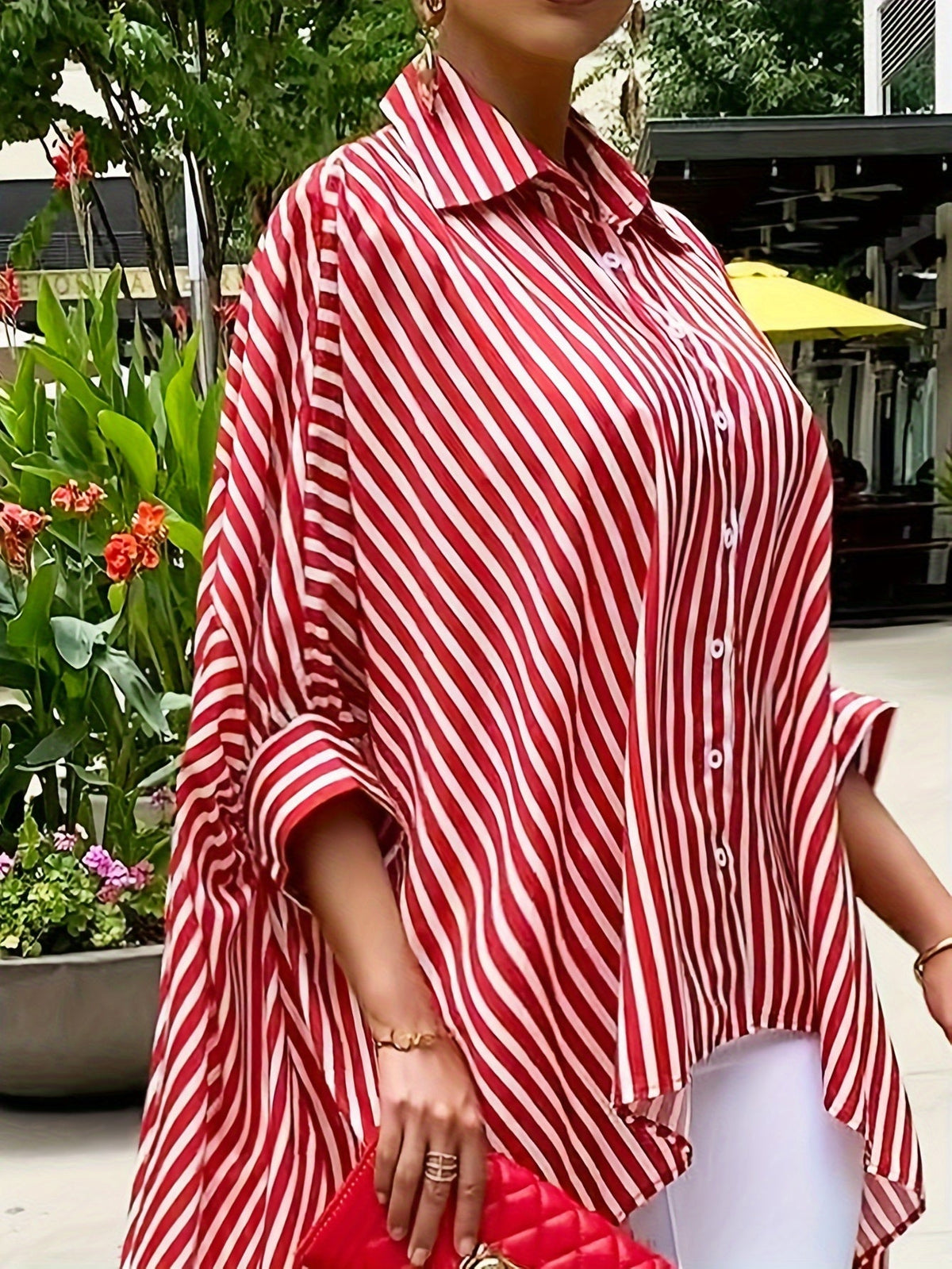 Women's Casual Striped Print Shirt, Front Short Back Long Hem, Long Sleeve Lapel Blouse, 100% Polyester, S M L XL XXL, Red Black White