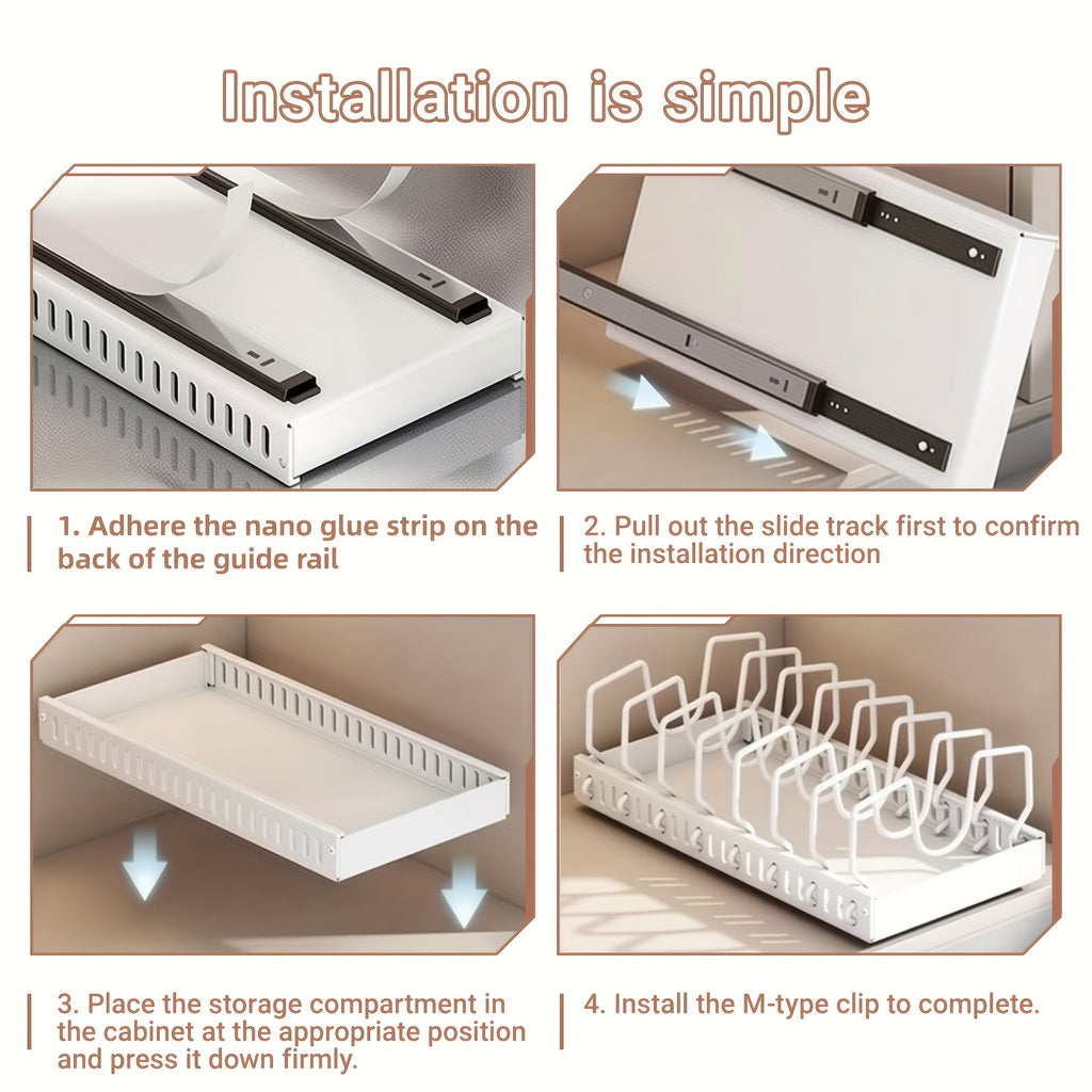 Pull-Out Pot & Pan Organizer Rack for Under Cabinet – Slide-Out Lid Holder with 8 Adjustable Compartments, Drill-Free Installation, Kitchen Cabinet Cookware & Baking Sheet Organizer – 1pc or 2pcs