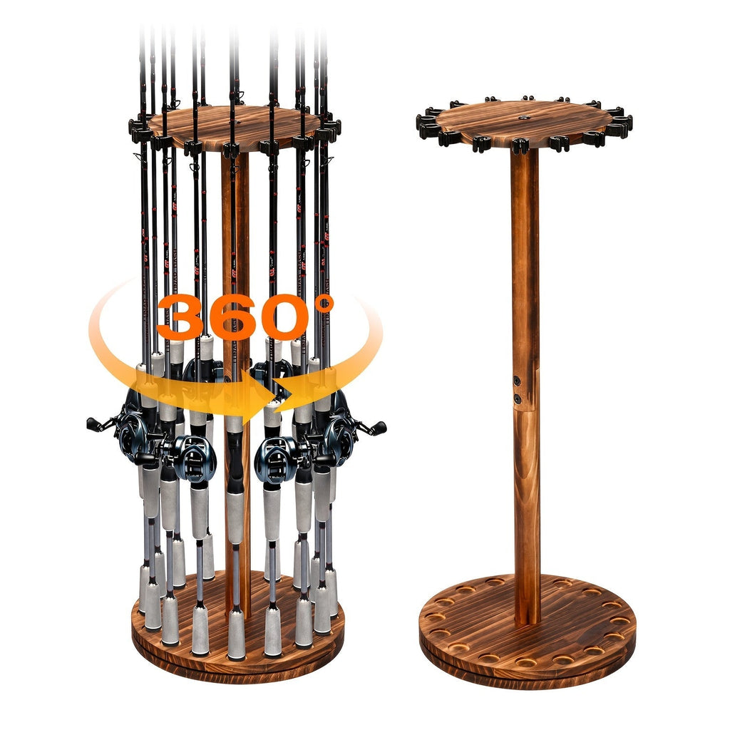Circular Wooden Fishing Rod Rack Holds 16 Rods, Space-Saving Fishing Pole Organizer for Garage, Shed, Man Cave – 360° Rotating & Fixed Options, Sturdy Wood Construction, Fisherman Gift
