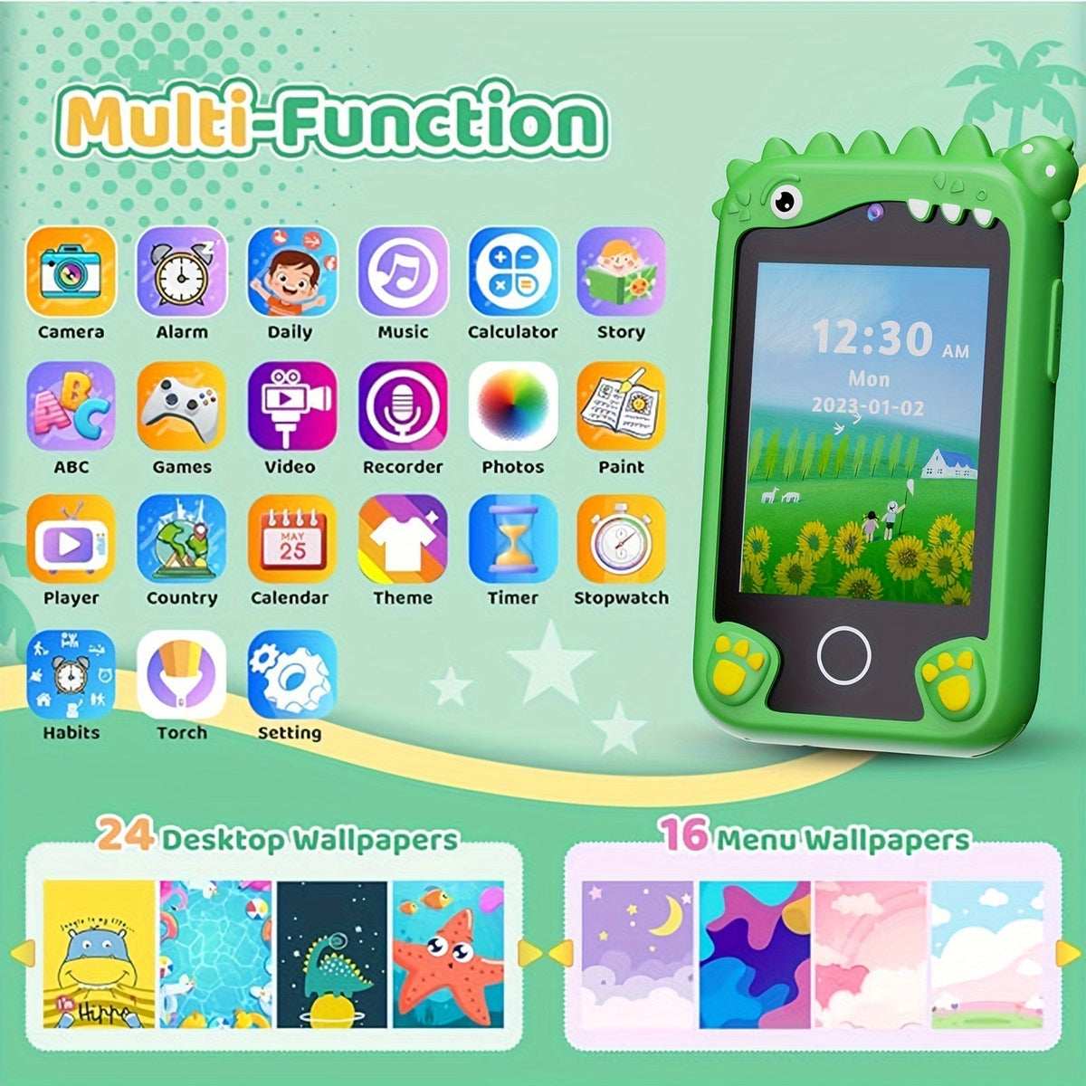 Kids Smart Phone Toy with HD Touchscreen, Dual Camera, Dinosaur Design, 8GB SD Card Included, Play Cell Phone for Boys and Girls Ages 3 and Up, Travel Toy, Birthday, Easter, Halloween, Christmas Gift, Green/Purple