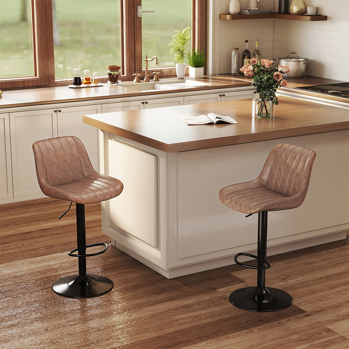 Bar Stools Set of 2/3/4, Adjustable Height Swivel Bar Chairs with Backrest & Footrest, PU Leather Ergonomic Kitchen Island Stools, Non-Slip Base, Easy Assembly, Modern Armless Counter Stools