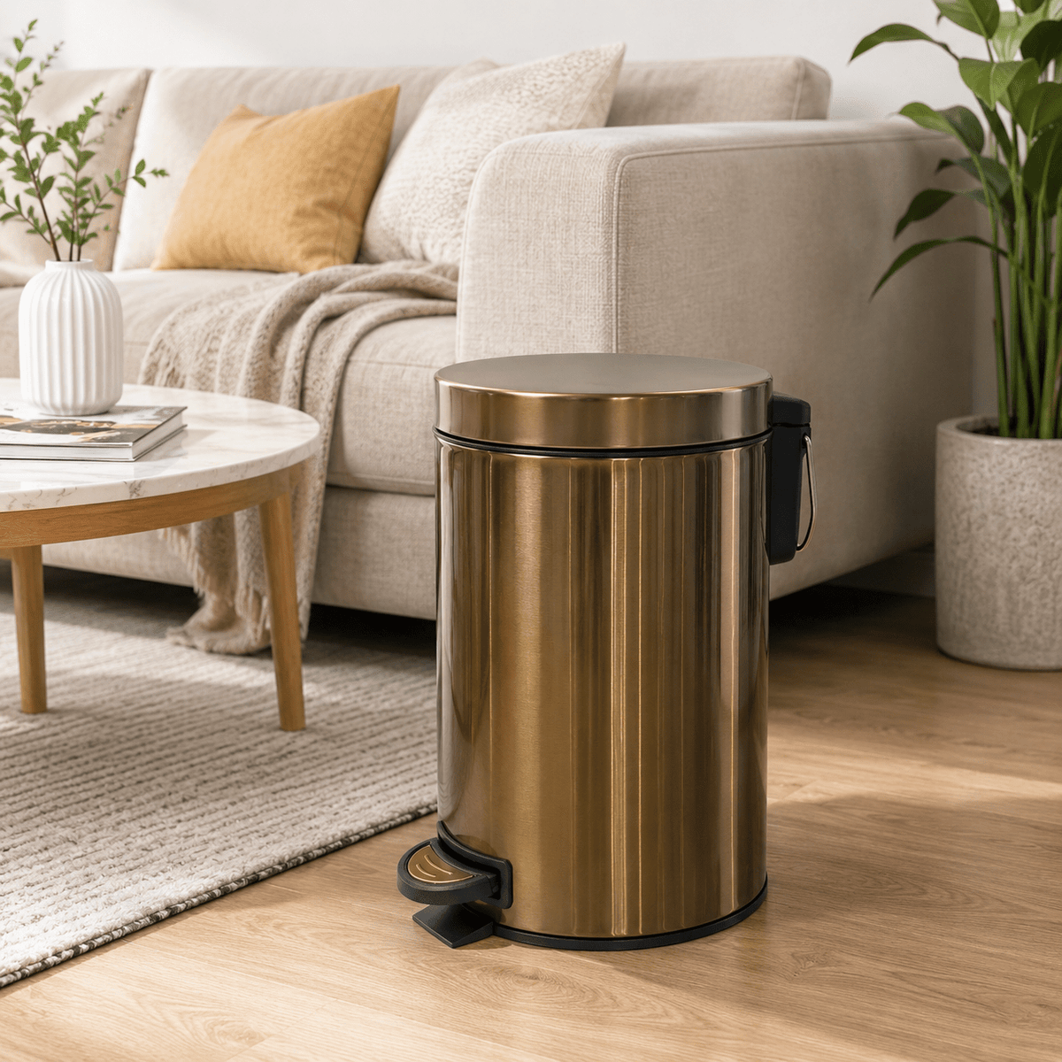 2-Pack 5L Stainless Steel Small Round Pedal Trash Can – Soft Close Lid Foot Pedal & Inner Bucket for Bathroom Kitchen Bedroom Office & Living Room in Gold