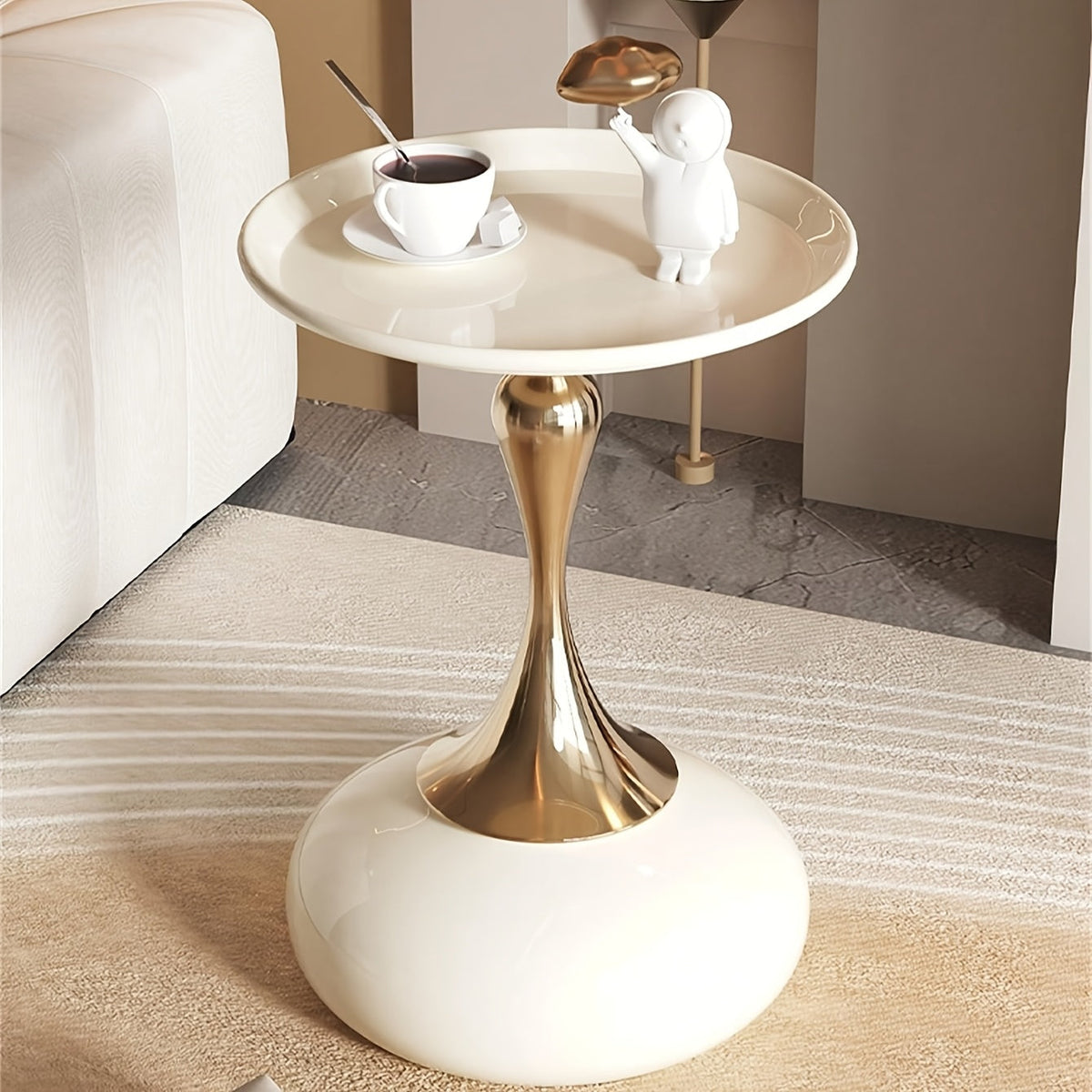Slim Waist Round Metal Side Table – Minimalist Pedestal Tray End Table for Living Room & Bedroom in Cream White Black & Gold (4 Color Options)