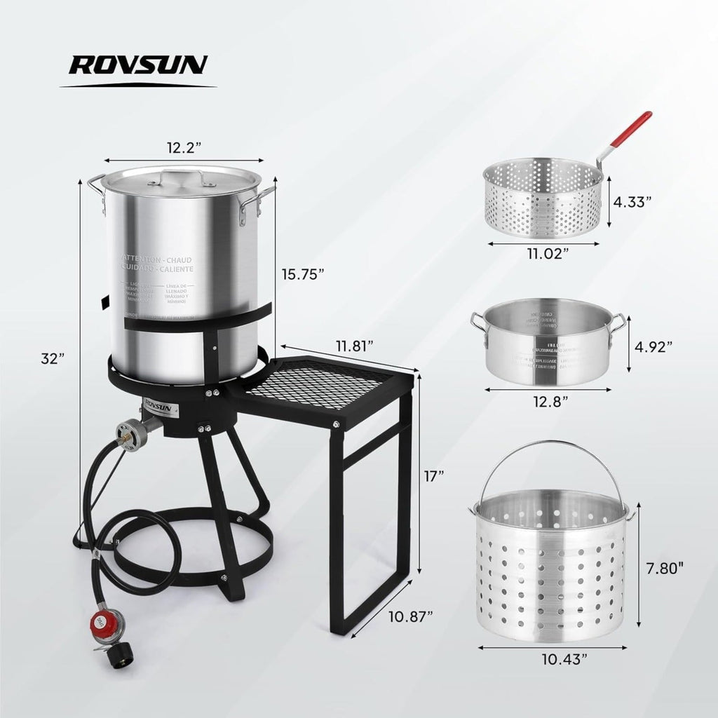 30-Quart Outdoor Turkey Deep Fryer Kit with 100,000 BTU Propane Burner Strainer Basket Steamer Plate & Foldable Side Shelf for Seafood Boils Frying & Steaming