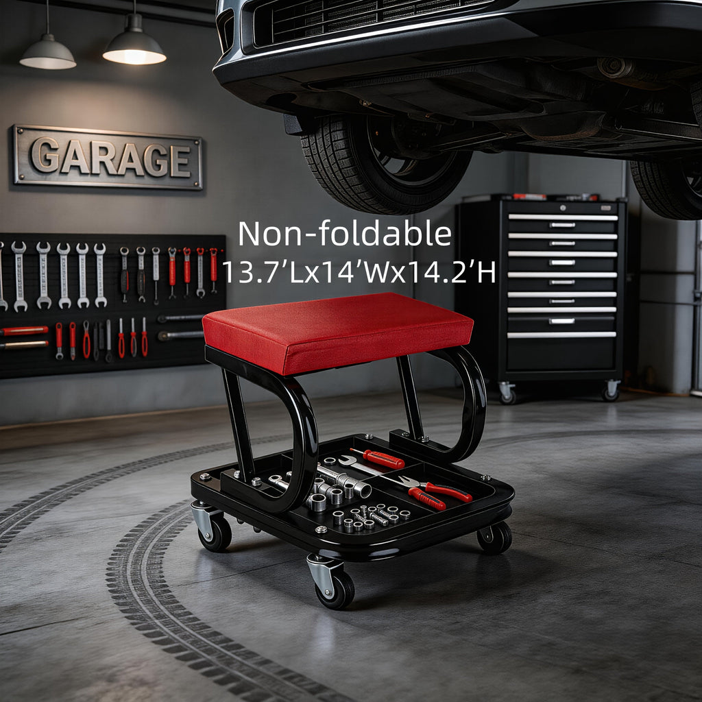 Mechanic Creeper Stool Z-Shape | Foldable 3-in-1 Creeper, Non-Foldable & Sliding Stool | 300LB Capacity, 6 Swivel Casters, Thick Padded Cushion – Garage Rolling Seat, Gift for Men – Red & Grey