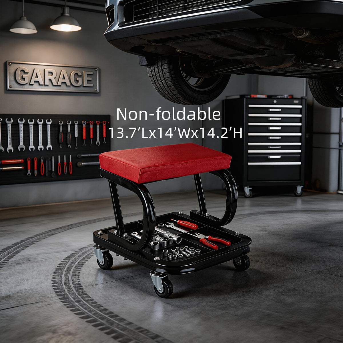 Mechanic Creeper Stool Z-Shape | Foldable 3-in-1 Creeper, Non-Foldable & Sliding Stool | 300LB Capacity, 6 Swivel Casters, Thick Padded Cushion – Garage Rolling Seat, Gift for Men – Red & Grey