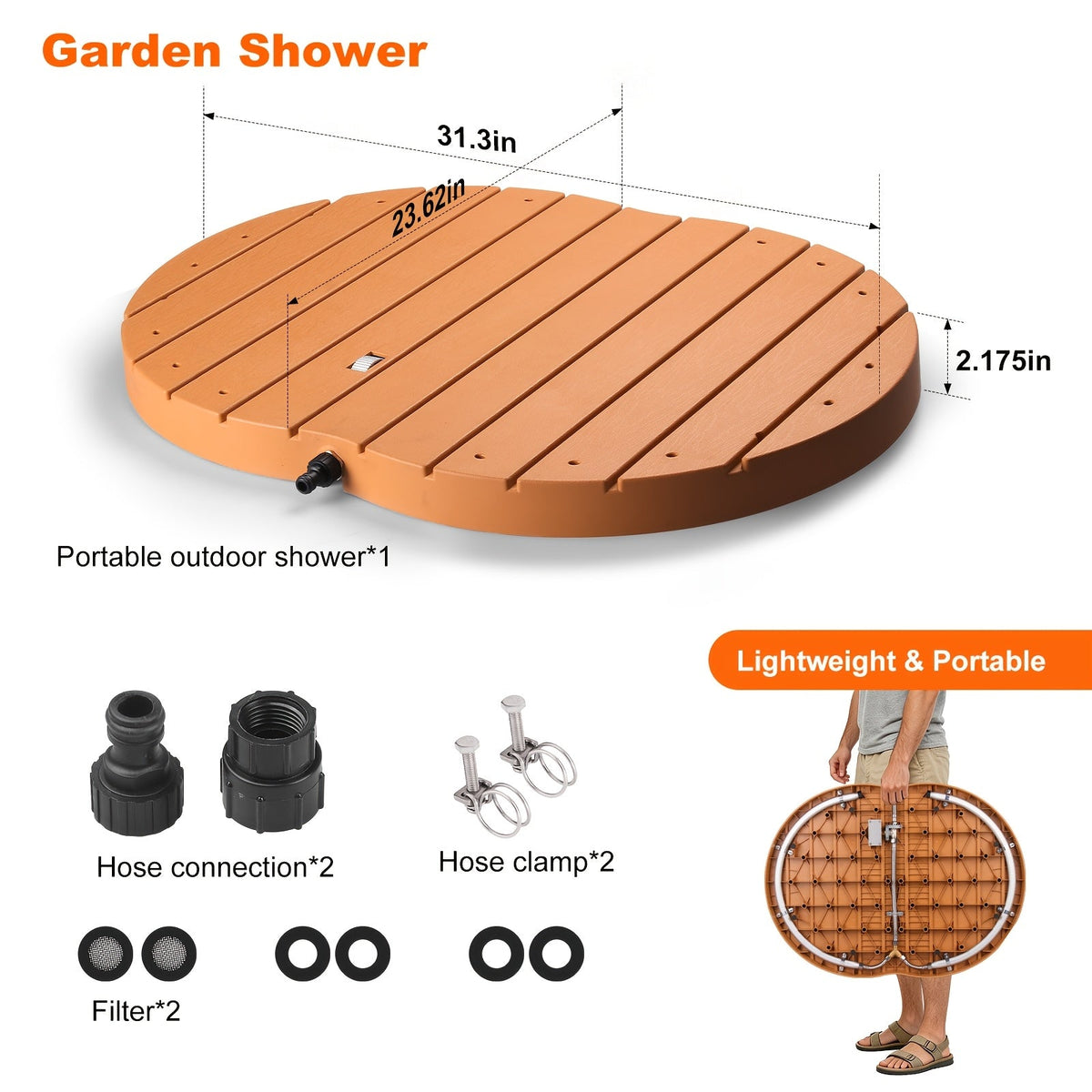Outdoor Portable Garden Shower with Non-Slip Base Adjustable Water Flow & Height for Backyard Pool Beach Spa & Lawn – Dark Brown