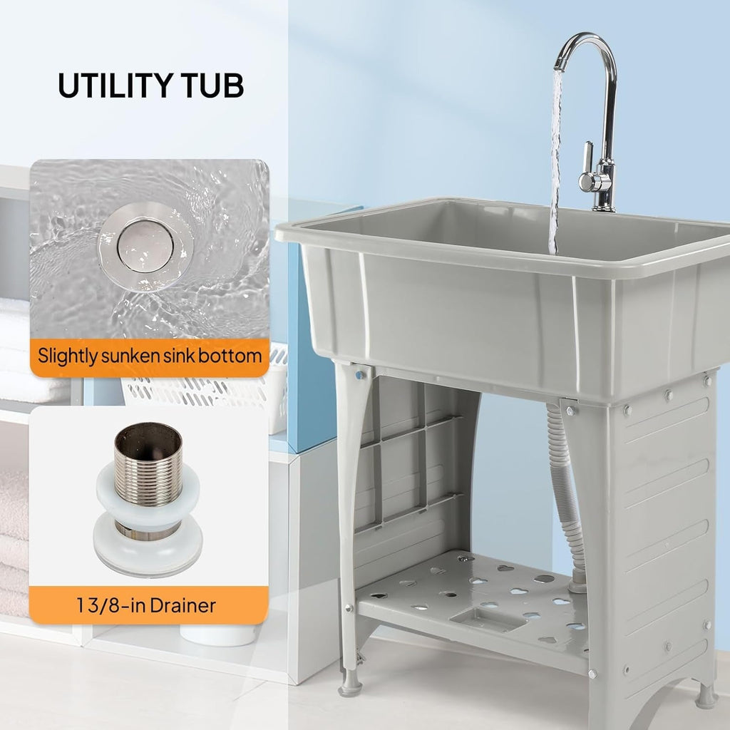 20-Gallon Freestanding Utility Sink Laundry Tub with Stainless Steel Faucet, Removable Drainboard, Storage Shelf & Soap Box for Laundry Room Garage Mudroom & Basement – Tool-Free Install, Black & White