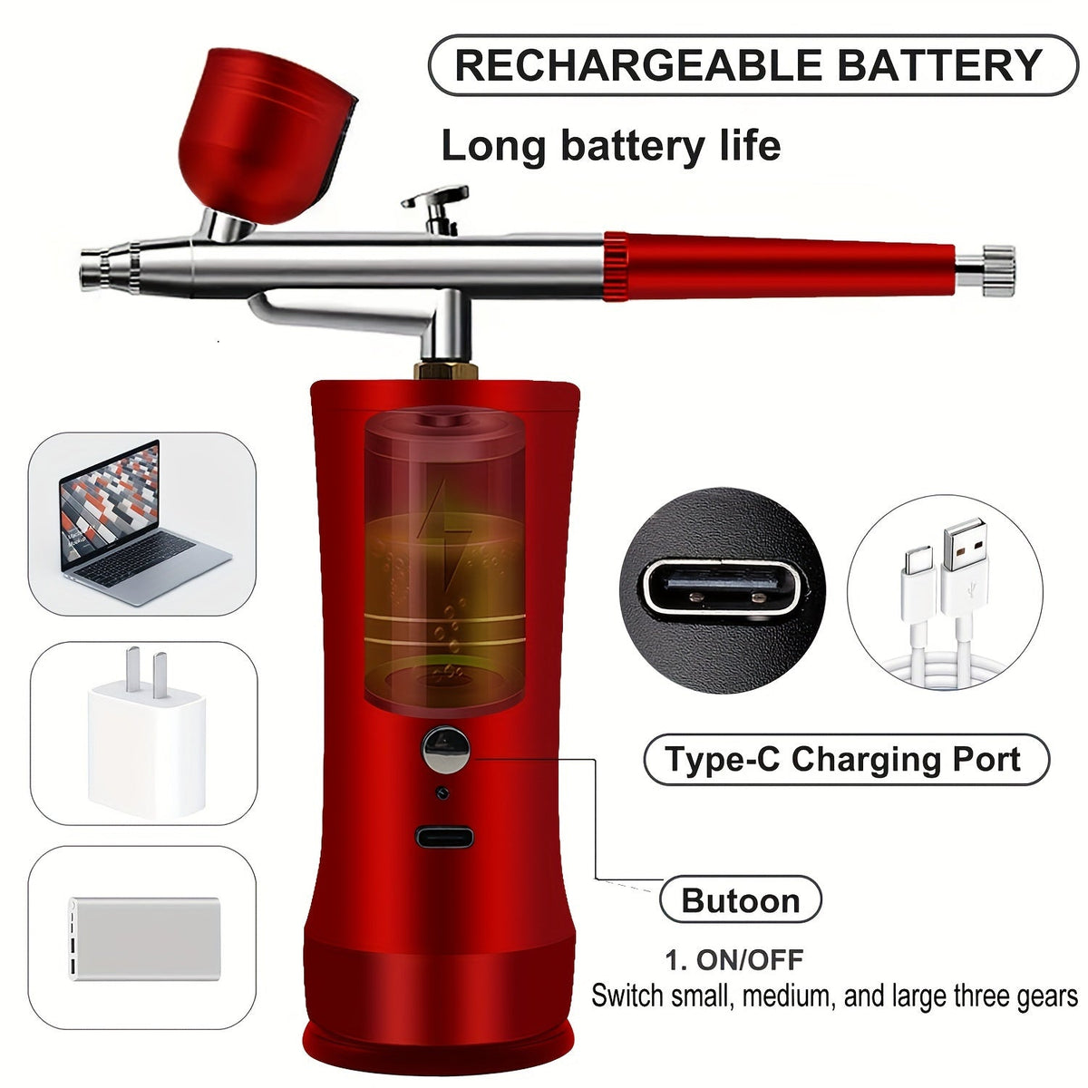 Cordless Airbrush Kit with Compressor, Rechargeable, 0.3mm Nozzle, 3-Speed Pressure – Portable Airbrush Set for Makeup, Nail Art, Cake Decorating, Model Painting & Body Art