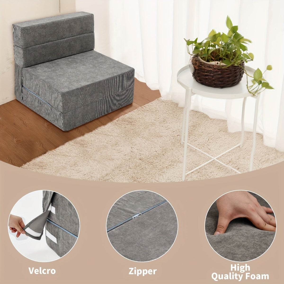 LILYPELLE Tri-Fold Sponge Mattress 63"×25.6"×6" Portable Folding Mattress Convertible Chair Floor Sofa & Sleeping Pad for Floor Camping & Guests – Brown Pink Grey White