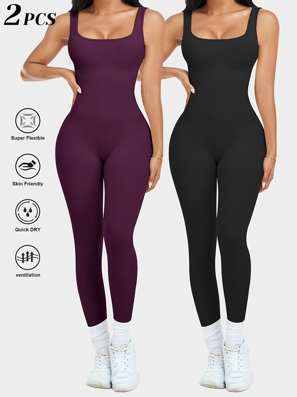 2-Pack Women's Sleeveless Square Neck Long Jumpsuit - 90% Nylon Thick Stretchy Opaque Activewear Bodysuit for Yoga, Pilates, Running, and Fitness, Washable One-Piece Workout Suit, Sizes S-XL