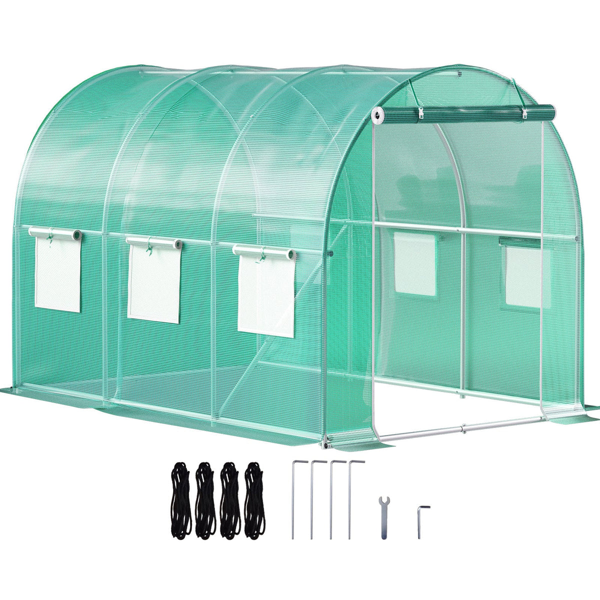 Walk-In Tunnel Greenhouse, 10x7x7 Ft, 0.8" Galvanized Steel Hoops, Top Beam & Diagonal Poles, Zippered Door, 6 Roll-Up Mesh Windows, Waterproof PE Cover, Stakes & Ropes Included, Green