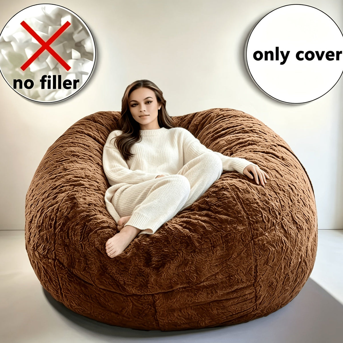 Large Round Bean Bag Bed Cover - Machine Washable, Soft Lazy Sofa Cover for Adults, No Filler Included - Living Room, Dorm & Bedroom - Light Grey, Black, Blue & Brown