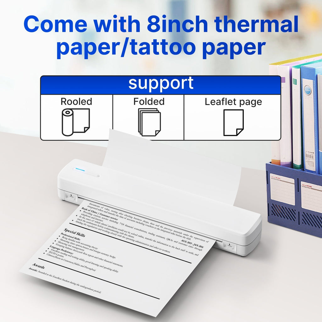 Portable Wireless A4 Thermal Printer – Inkless Compact Travel Printer for iPhone, Android, and Laptop – Supports Folded Paper, Roll Paper, and Tattoo Transfer Paper – Ideal for Home, Office, and School