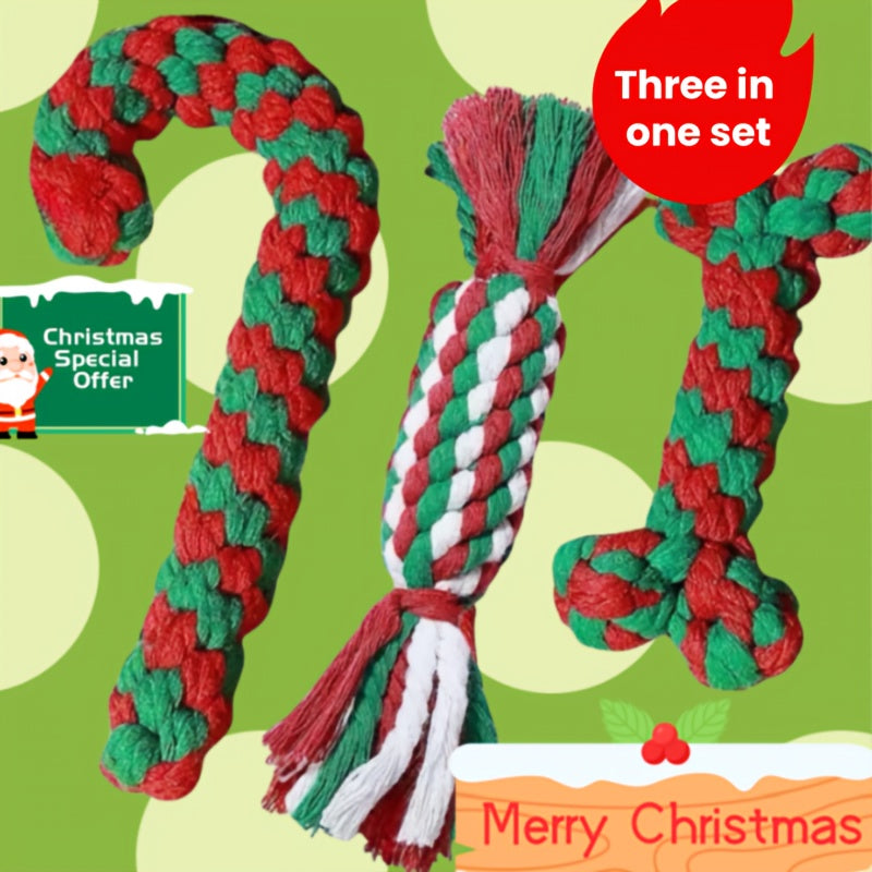 Christmas Dog Rope Toys 3-Pack – Candy Cane Shape Chew-Resistant Tug-of-War Rope Toy Set for Small & Medium Dogs, Durable Teeth Cleaning Knot Toys in Red, White & Green Holiday Colors