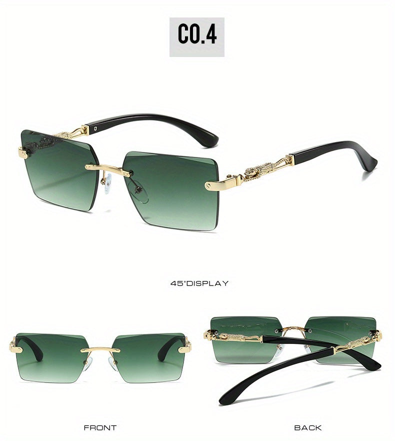 Unisex Rimless Leopard Sunglasses - UV400 Narrow Rectangular Frameless Shades in Black & Gold, Premium Fashion Eyewear for Men & Women, Includes Case & Cloth, Great for Parties, Travel & Festivals