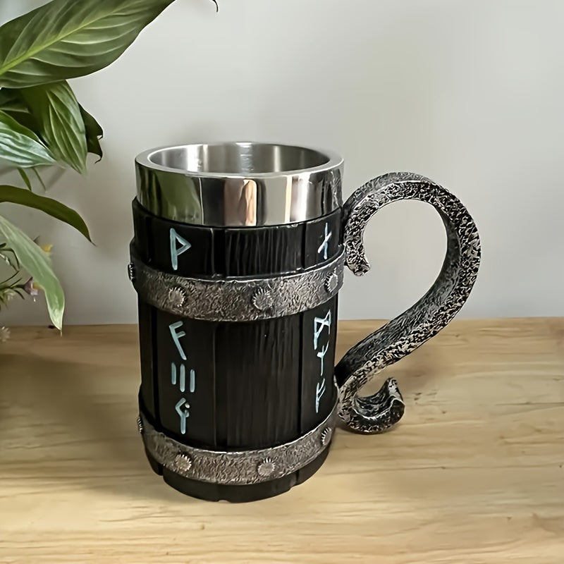 Bamboo Slice Wooden Bucket Mug – 600ml/20oz Large Capacity Stainless Steel Double-Layer Resin Craft Imitation Wood Coffee Juice & Beverage Cup in Black