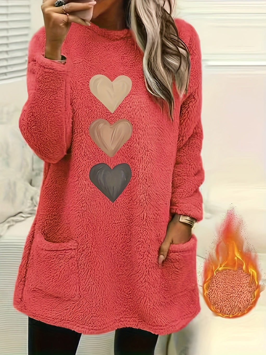 Women's Heart Print Long Sleeve Fleece-Lined Pullover Sweatshirt, Casual Crewneck Fall/Winter Top for Women, S-XXL, Multiple Colors