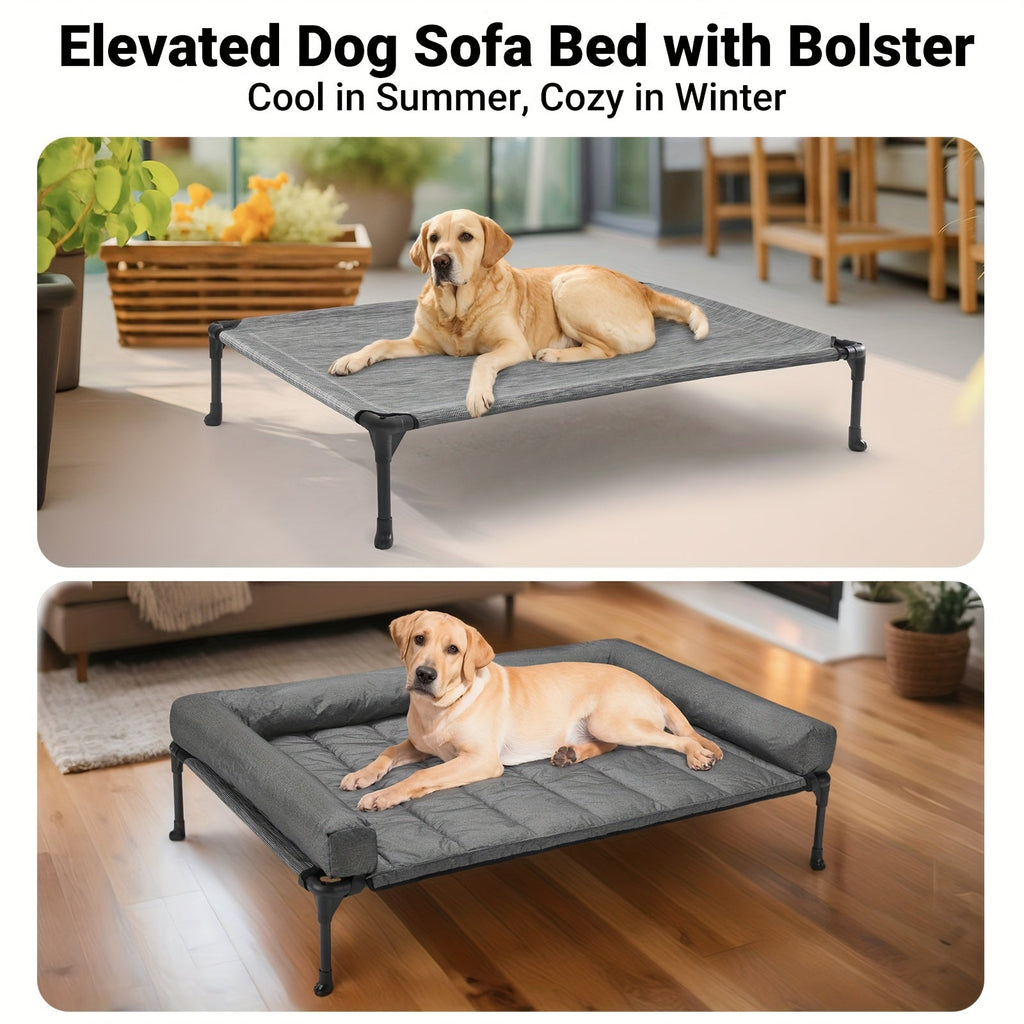 Cooling Elevated Dog Bed with Removable Pillow-Top Mat – Raised Bolster Dog Cot with Breathable Mesh and Non-Slip Feet, Dog Sofa Bed for Indoor & Outdoor Use