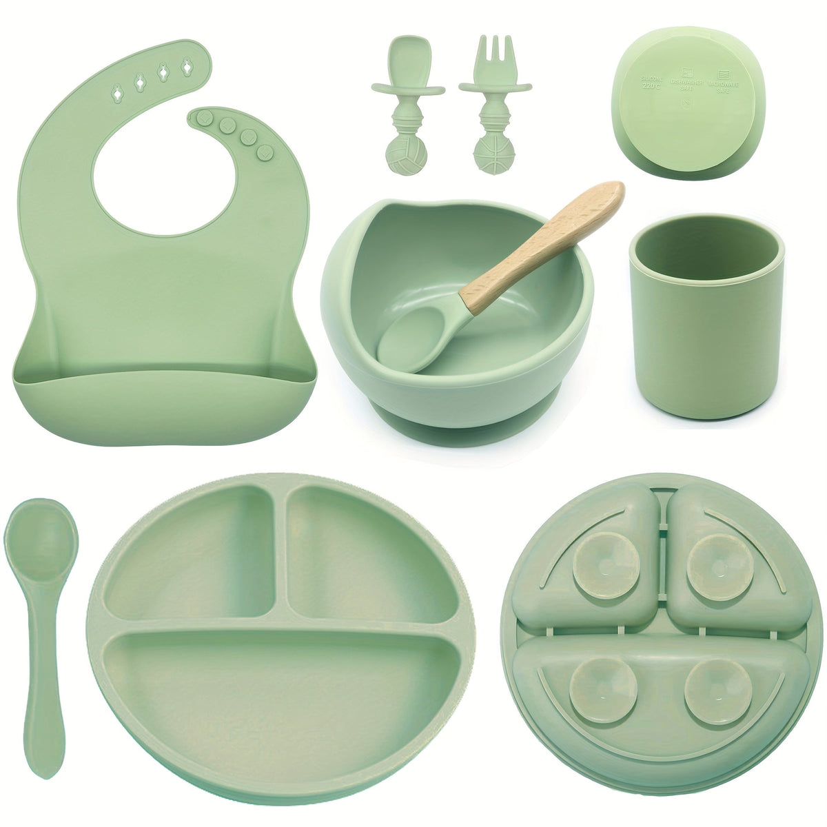8-Piece Silicone Baby Feeding Set, Suction Bowl, Divider Plate, Spoon, Fork, Sippy Cup & Adjustable Bib, Self-Feeding Toddler Tableware for Ages 0-3, Beige, Dark Green, Gray Blue, Dark Pink & Light Pink