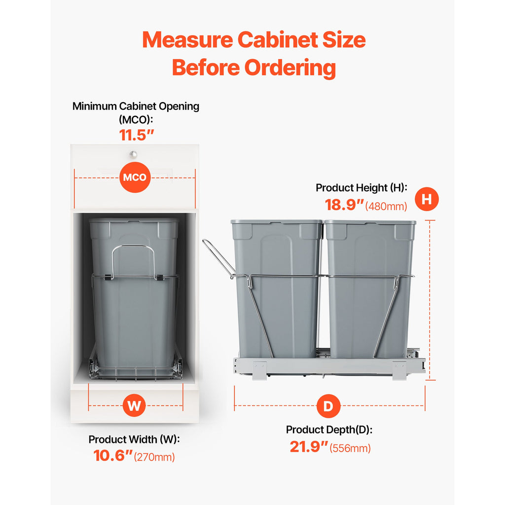 Double Pull-Out Trash Can for Kitchen Cabinets, 27+27 QT (54 QT Total), Full-Extension Steel Ball Rails, Iron Bracket, Handle, Under-Sink Garbage & Recycling Bin, Hidden Under-Cabinet Mount