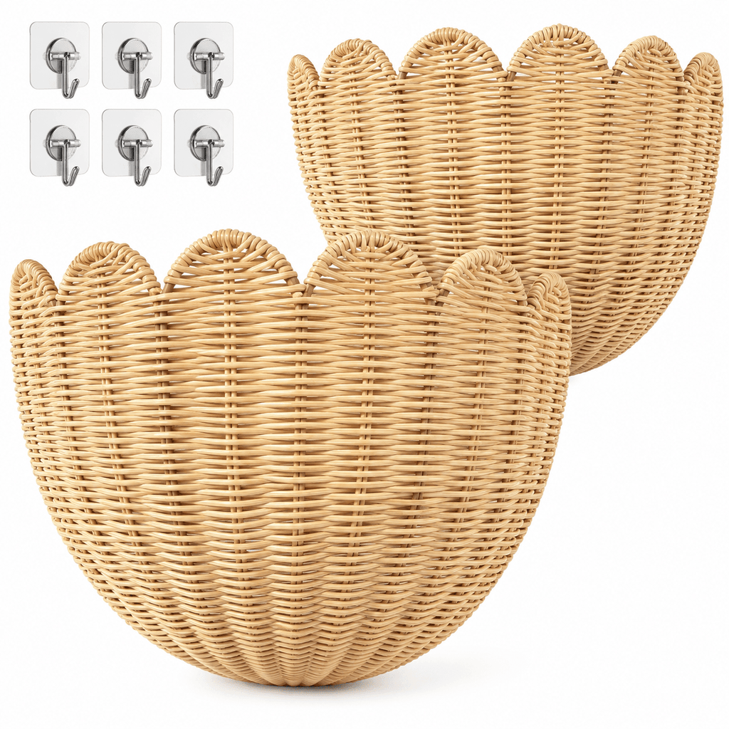 2-Piece Scalloped Hanging Wicker Wall Basket Set Hand Woven Rattan Wall Storage & Decor 16×12×7 & 14×8×6 In – Home Bathroom Kitchen & Living Room
