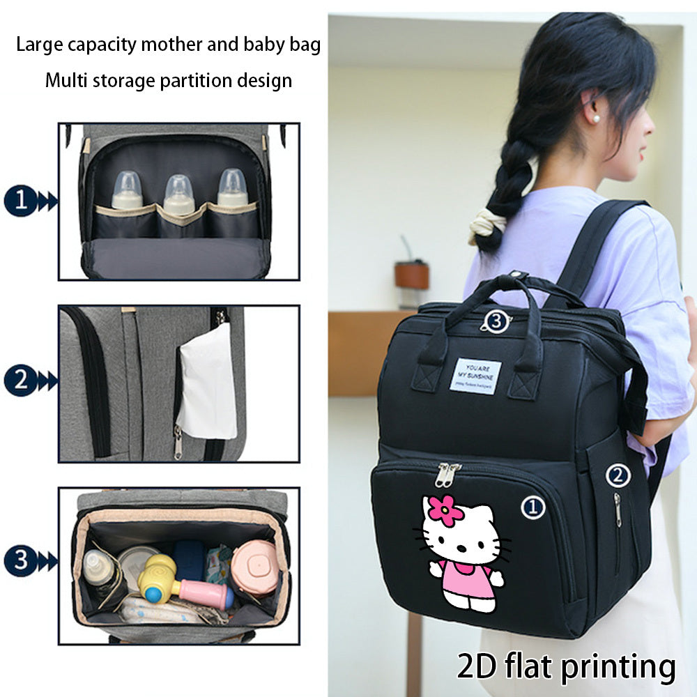 Cute Cartoon Kitty Print Large Capacity Diaper Backpack with Changing Station, Portable Mommy Baby Bag for Travel & Daily Outings, Purple Black & Grey, Halloween Thanksgiving Gift