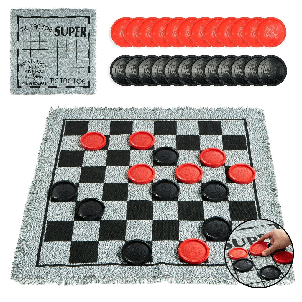 3-in-1 Giant Checkers and Tic Tac Toe Game Set with Reversible Mat, 24 Oversized 2.8-Inch Pieces, Non-Toxic, BPA-Free, Indoor/Outdoor Lawn Game, Family Board Game, Birthday/Easter Gift for Boys and Girls Ages 3 and Up
