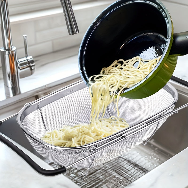 可伸缩不锈钢滤水篮——用于蔬菜、水果和面条的细网漏盆，食品级厨房必备品，尺寸可调，易于收纳