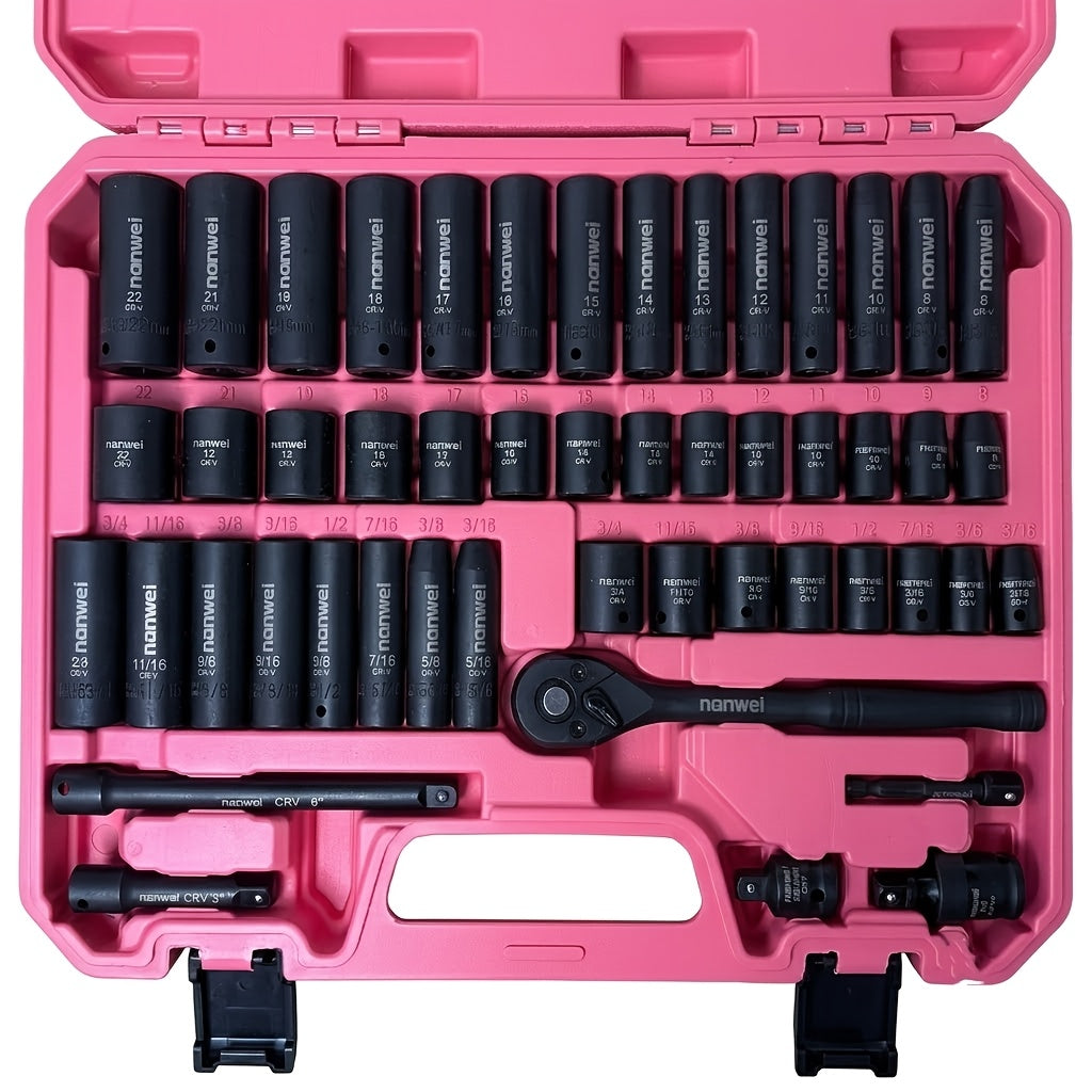 50-Piece 3/8-Inch Drive Impact Socket Set Metric 8-22mm & Imperial 5/16-3/4 In Hex Sockets with 1/4 & 3/8-In Bit Adapters Ratchet Handles & Portable Toolbox – Green Orange Purple Pink