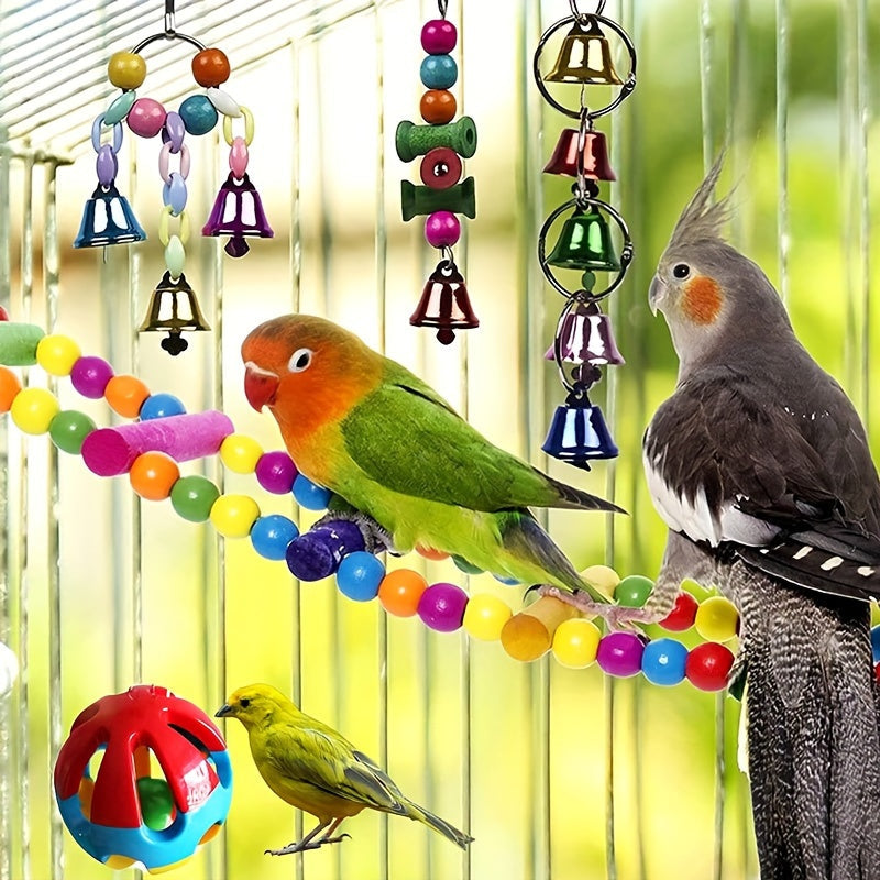 Bird Toy Set: Swing, Climbing Ladder, and Colorful Bells for Small to Medium Parrots, Cockatiels, Budgies, and Parakeets – Educational Chew Toys for Boredom Relief, Random Colors, 3/5/7/10 Pieces