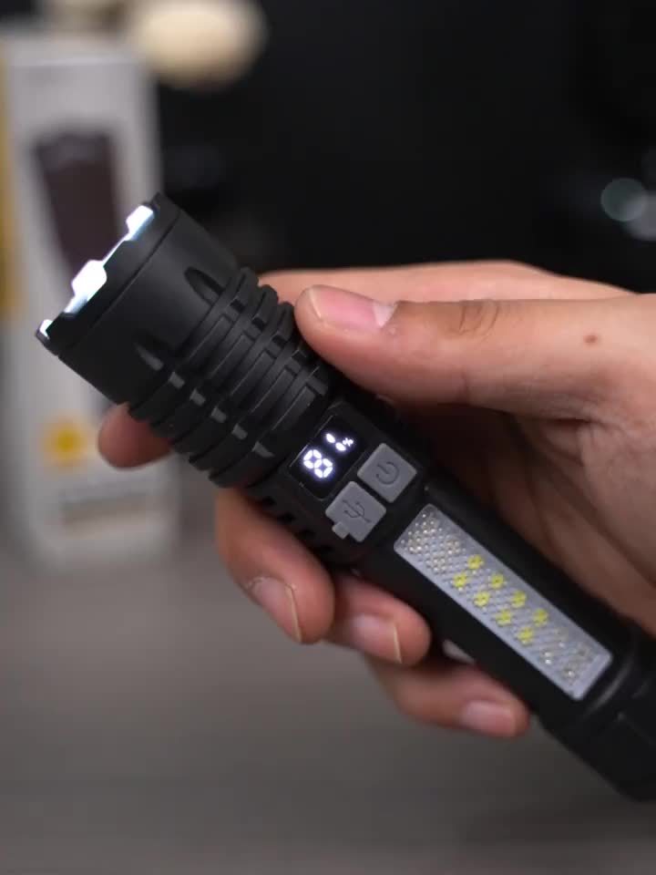 Rechargeable Tactical Flashlight 2-Pack, USB COB LED – Ultra Bright, 5 Modes, Zoomable, 200-500M Beam, LCD Display, for Camping, Fishing, Hunting, Cycling, and Emergencies