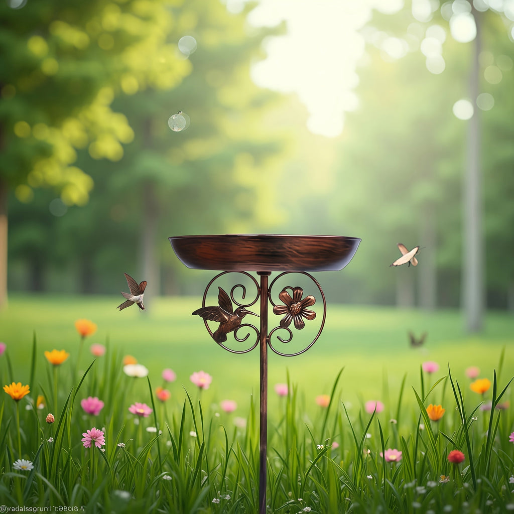 Metal Outdoor Bird Bath and Feeder Set, Sunflower Design, 5-Claw Stake Base, Weather-Resistant Garden Decor for Backyard, Courtyard, Terrace, and Patio