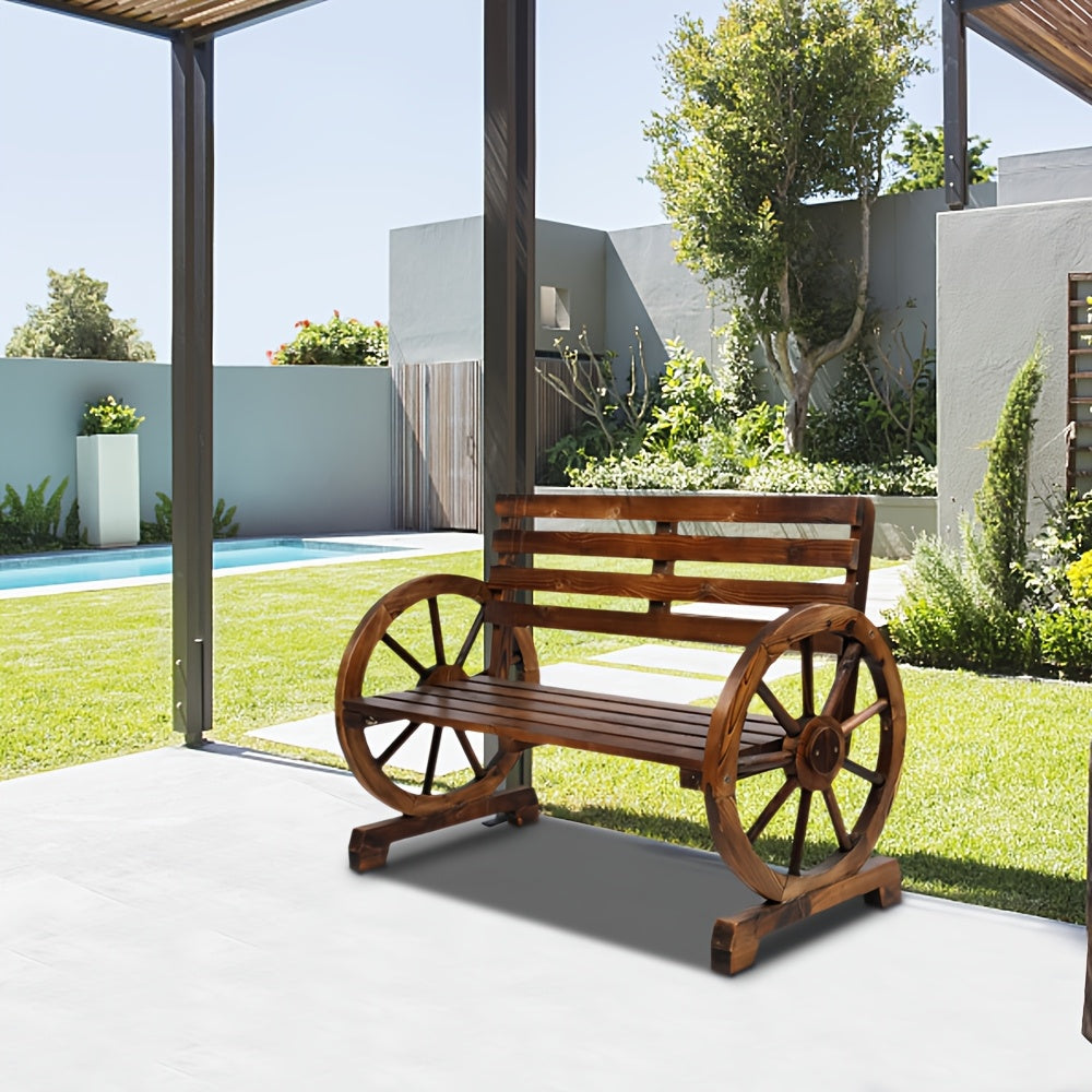2-Person Outdoor Wooden Wagon Wheel Bench, Solid Poplar Wood Slatted Seat & Backrest, Rustic Brown Patio Bench for Garden Poolside Porch Camping Family Gatherings, Unique Farmhouse Outdoor Furniture