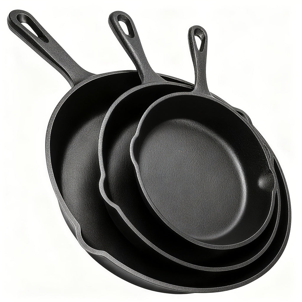 3-Piece Cast Iron Skillet Set (6, 8, 10 Inch), Pre-Seasoned Non-Stick Heavy-Duty Cookware, Oven, Grill, and Campfire Safe, Even Heat Distribution for Steak, Cornbread, and Baking – Rustic Kitchen Cookware