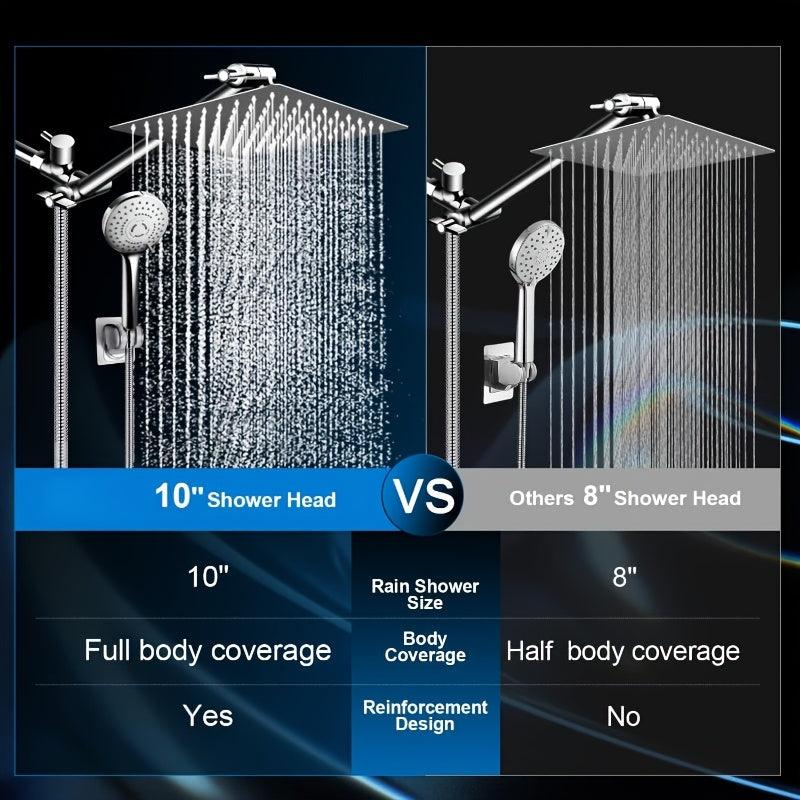 Rain Shower Head Combo - 8"/10"/12" High Pressure Rainfall Head, 13" Adjustable Extension Arm & 6-Setting Handheld with Long Hose - Works Against Low Water Pressure - Chrome