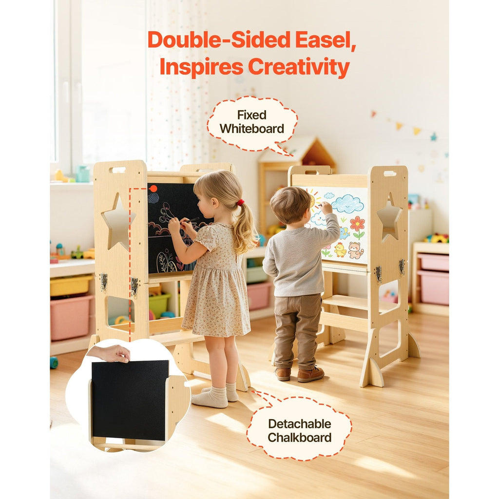Weaning Table and Chair Set 4-in-1 Kids Learning Tower with Chalkboard & Whiteboard, Toddler Kitchen Step Stool, Converts to Easel & Step Stool, Natural Wood, Ages 1-5