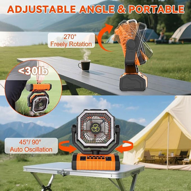 20000mAh Camping Fan with LED Lantern, Rechargeable Oscillating Fan with 4 Speeds and Timer – Portable Tent Fan for Outdoor Camping, RV, Jobsite, and Power Outages