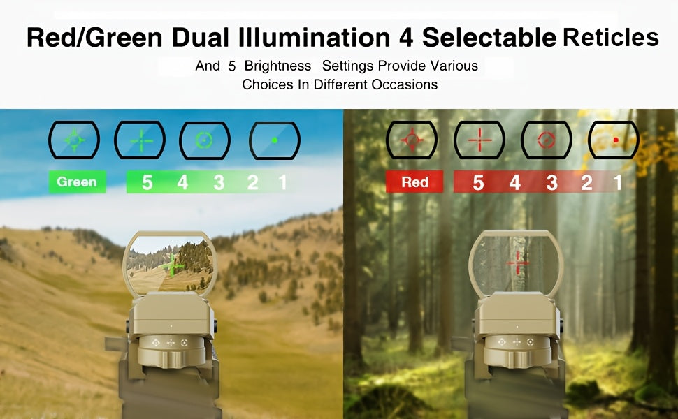 1x22x33 Red and Green Dot Sight with 20mm Picatinny Rail - 4 Reticles, 5 Brightness Settings, Wide Field of View Scope for Rifles and Shotguns
