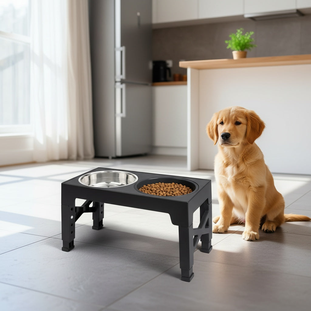 Adjustable Elevated Dog Bowl Stand with 3-Bowl Set – 5 Heights 3.2–12.2 Inches, 2 Stainless Steel Bowls + Slow Feeder Bowl for Small, Medium, and Large Dogs, Raised Feeder in Black or Gray