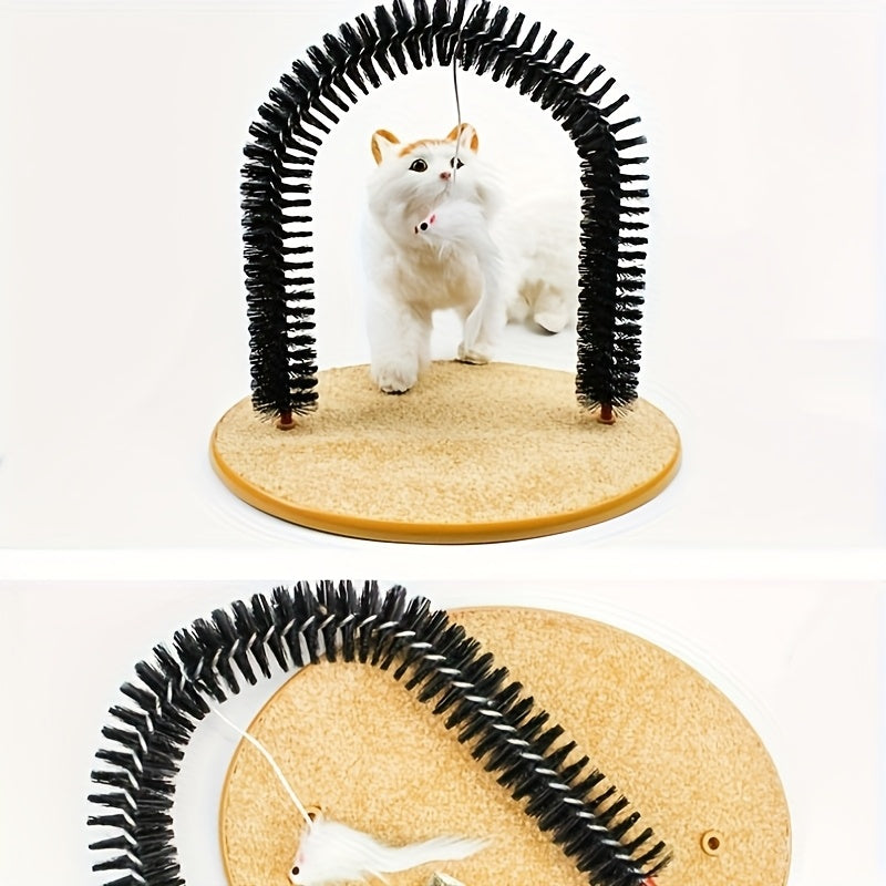 猫拱门自助理毛按摩玩具 – 适合猫咪与幼猫的互动抓挠、摩擦与理毛工具，塑料刷毛拱门，13英寸，室内猫咪解压与娱乐神器